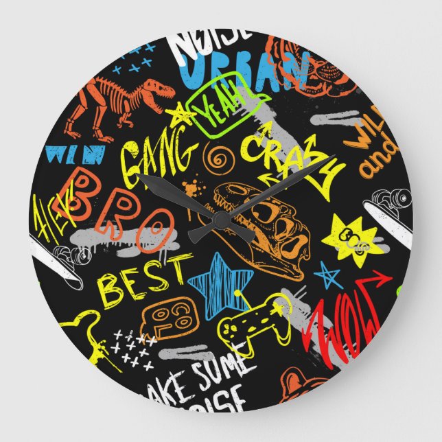 Boys' Graffiti: Hand Drawn Coolness Large Clock (Front)
