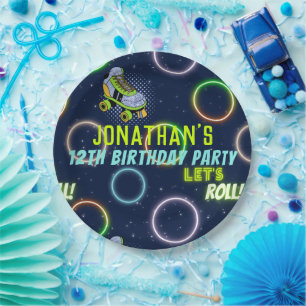 Boys Green Blue Neon Lights Roller Skating Paper Plate