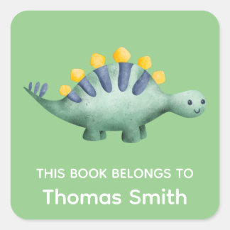  Boys Green Dinosaur and Name School Books Square Sticker