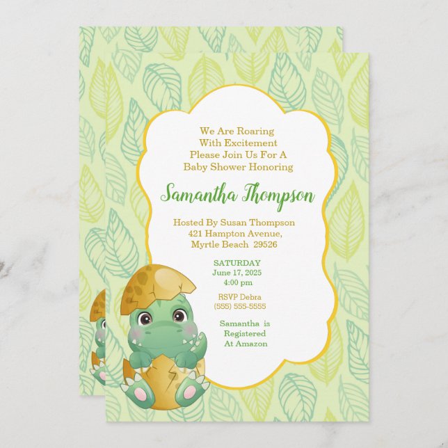 Boys  Green Dinosaur Egg Baby Shower Invitation (Front/Back)