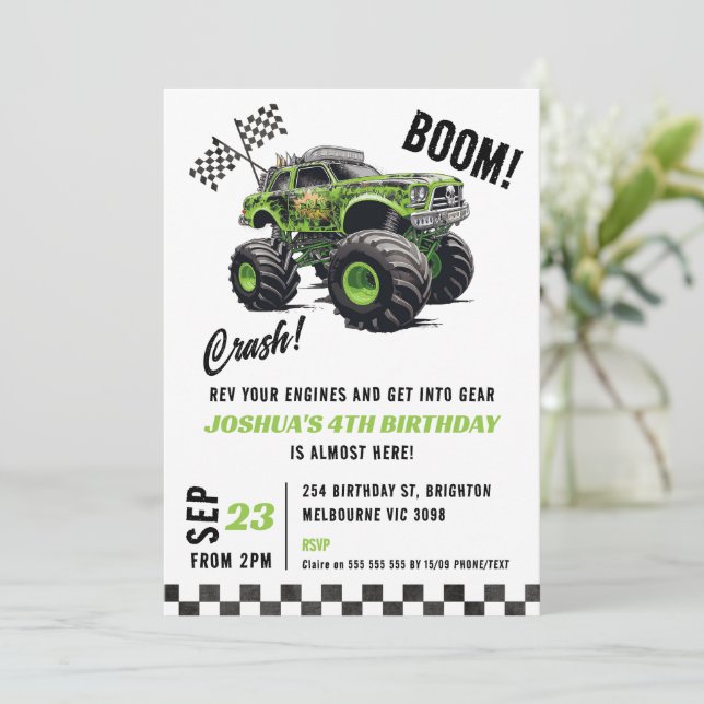 Boys Green Fluorescent Monster Truck Birthday Invitation (Standing Front)