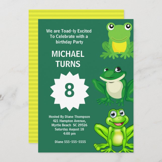 Boys Green Frogs Birthday Party Any Age Invitation (Front/Back)