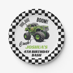 Boys Green Monster Truck Birthday Paper Plate