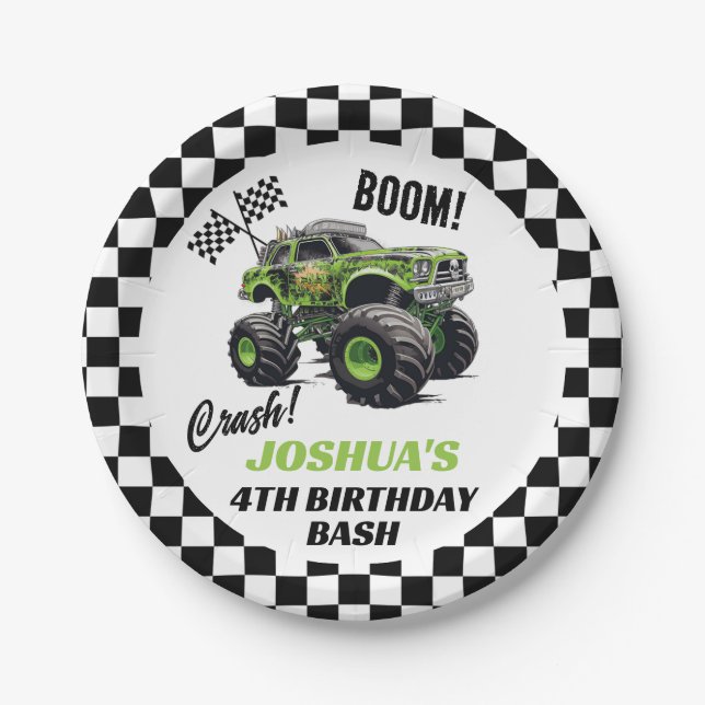 Boys Green Monster Truck Birthday Paper Plate (Front)