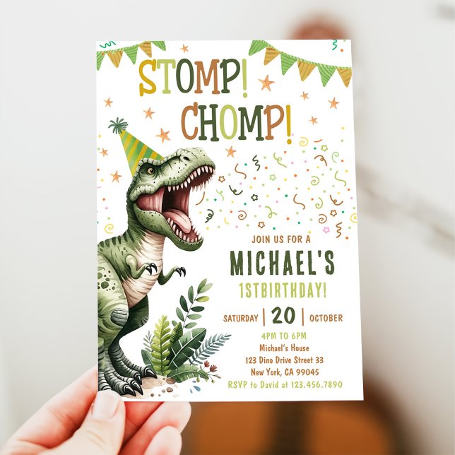Boys Green Stomp Chomp Roar Dinosaur 1st Birthday Invitation (Creator Uploaded)