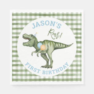 Boys Green Stomp Chomp Roar Dinosaur 1st Birthday Napkin