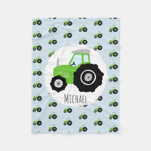 Boy's Green Tractor Pattern and Name Children's Fleece Blanket