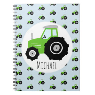 Boy's Green Tractor Pattern and Name Kids School Notebook