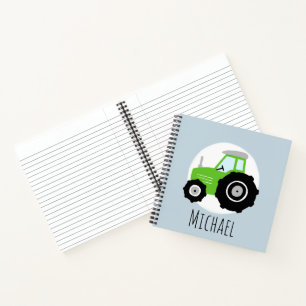 Boy's Green Tractor Pattern and Name Kids School Notebook