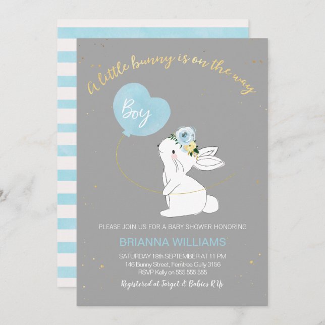 Boys Grey Blue Bunny Baby Shower invitation (Front/Back)