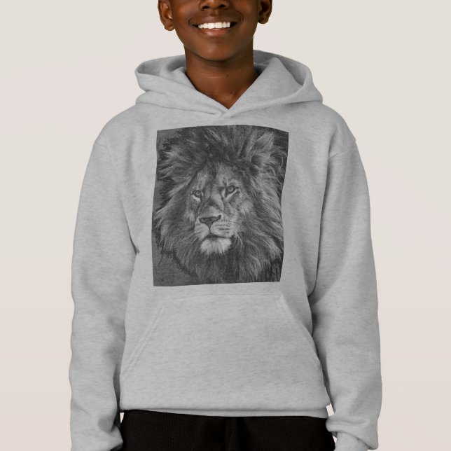 Boys Grey Hoodies Animal Lion Face Front Print (Front)