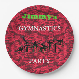Boys Gymnastics Birthday Party Camo Plates w/ Name