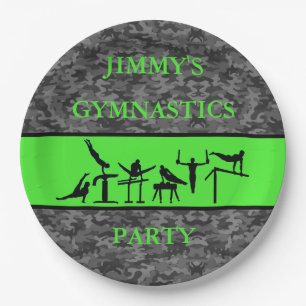 Boys Gymnastics Birthday Party Camo Plates w/ Name