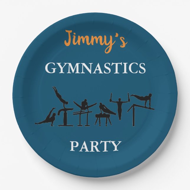 Boys Gymnastics Birthday Party Plates w/ His Name (Front)