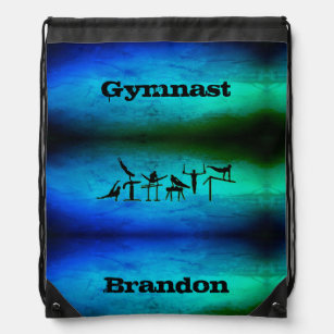 Boys Gymnastics Custom Name Blue Green Drawstring Bag