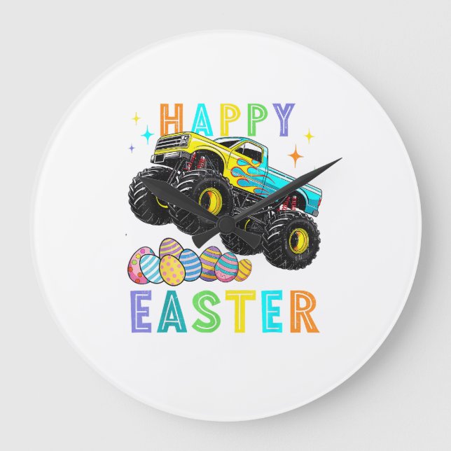 Boys Happy Easter Monster Truck Easter Eggs Toddle Large Clock (Front)