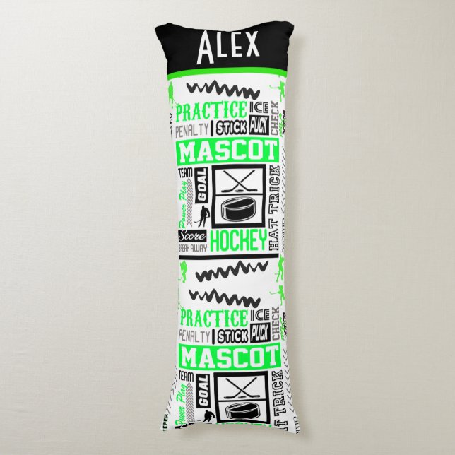 Boys Hockey Terminology Personalised Neon Green  Body Cushion (Front Vertical)
