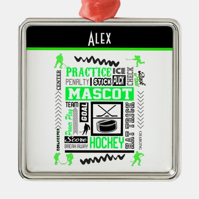 Boys Hockey Terminology Personalised Neon Green  Metal Ornament (Front)