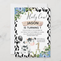 Boys Holy Cow and Cow Print 1st Birthday Invitatio