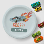 Boys Hot Blue Racing Car Kids Birthday Paper Plate<br><div class="desc">This modern and cool boys 7th birthday paper plate design features a car with wheels and hot flames. The plate can be personalised with a name and age. Set as a seventh birthday design,  but easy to edit. The perfect addition to your hot car party!</div>
