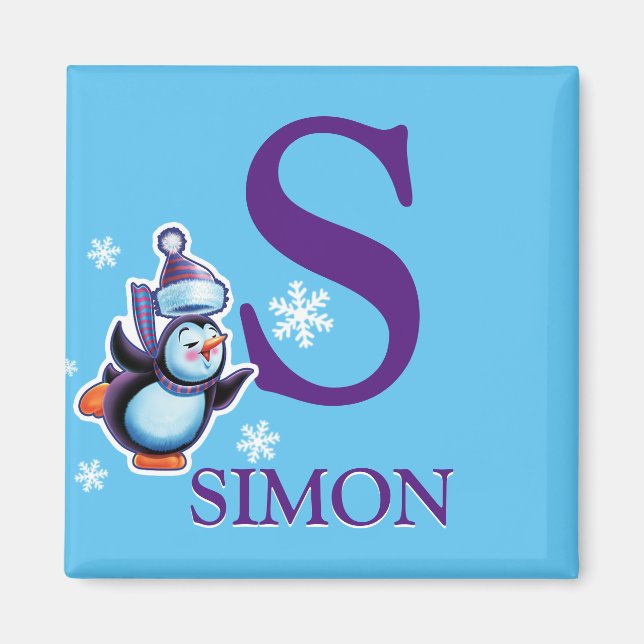 Boy's initial penguin fridge magnet (Front)