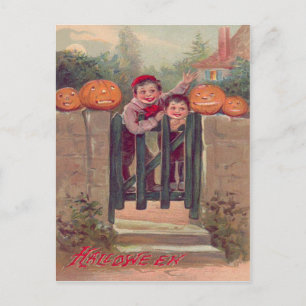 Boys Jack O Lantern Pumpkin Fence Postcard