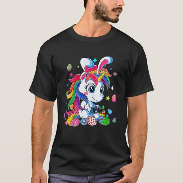 Boys Kids Gamer Happy Easter Day Bunny Unicorn Pla T-Shirt (Front)