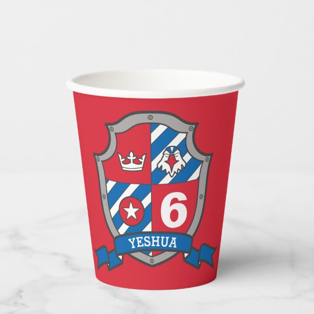 Boys knights birthday personalised red kid party  paper cups (Front)