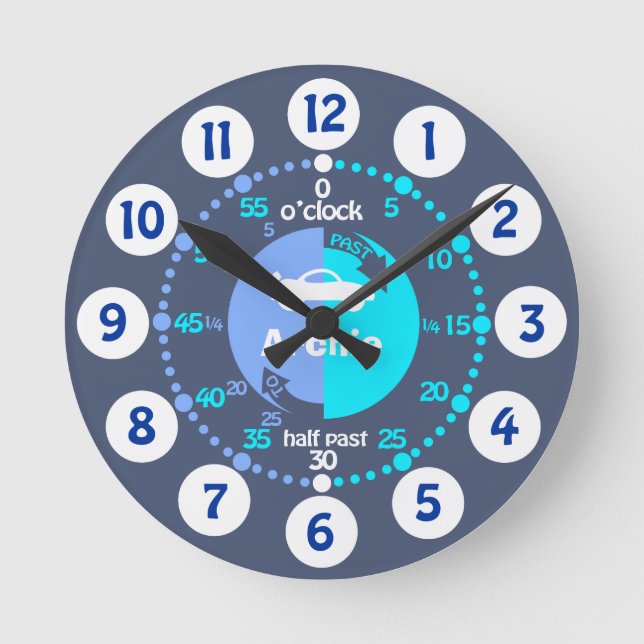 Boys learn to tell time blue grey named car clock (Front)