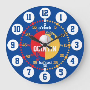 Boys learn to tell time blue name baseball clock
