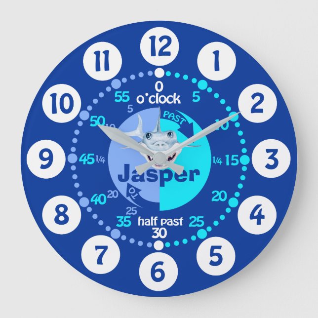 Boys learn to tell time blue named shark clock (Front)