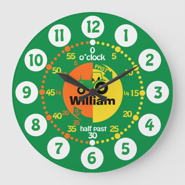 Boys learn to tell time green yellow tractor clock (Front)