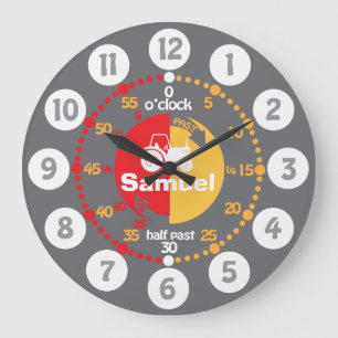 Boys learn to tell time grey red tractor clock