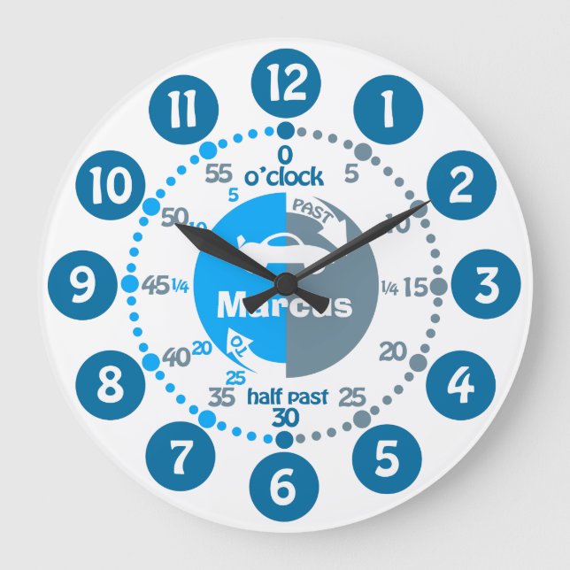 Boys learn to tell time muted blue named car clock (Front)
