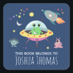 Boys Library Cute Space Alien Name Kids Bookplate Square Sticker<br><div class="desc">This beautiful boys 'this book belongs' bookplate sticker design features a space alien monster cartoon, with a rocket ship, sun, planet and moon, and has place for you to add your kids name in lovely typography. Perfect for your child's back to school supplies, or children's library. Check out the rest...</div>