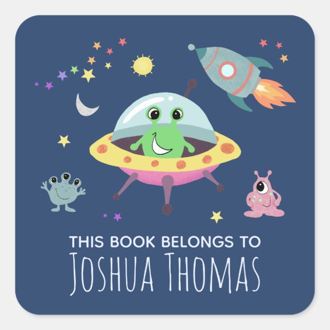 Boys Library Cute Space Alien Name Kids Bookplate Square Sticker (Front)