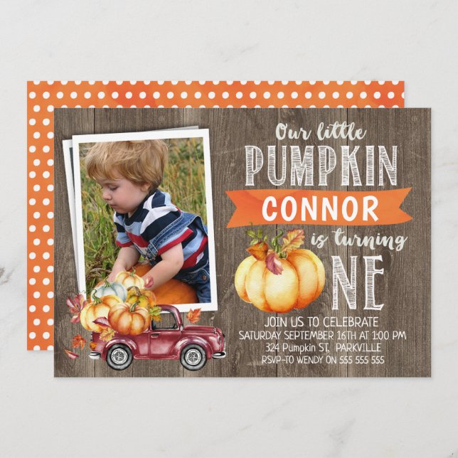 Boy's Little Pumpkin Photo1st Birthday Invitation (Front/Back)