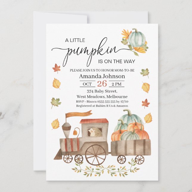 Boys Little Pumpkin Train Baby Shower Invitation (Front)