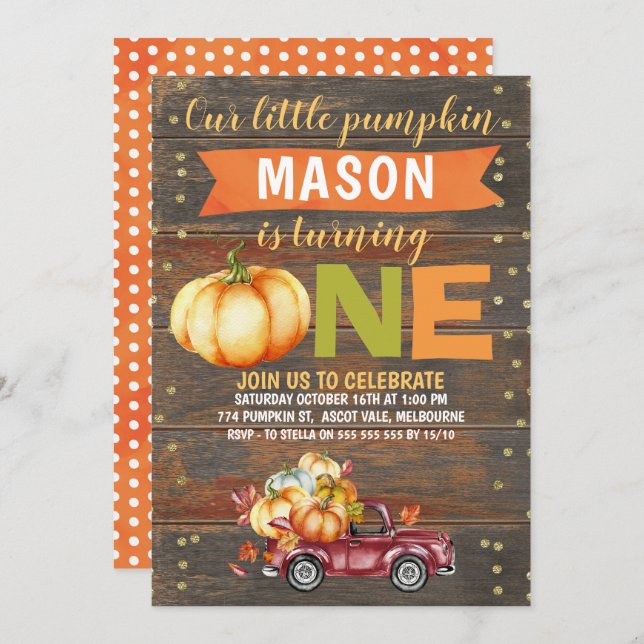 Boy's Little Pumpkin Truck 1st Birthday Invitation (Front/Back)