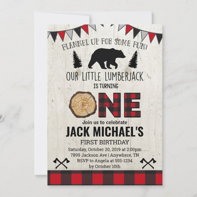 Boys Lumberjack First Birthday Invitation (Front)