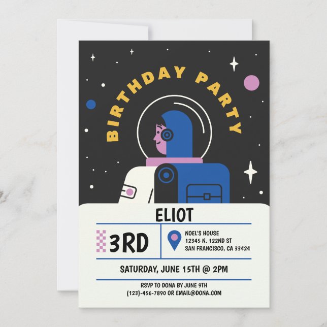 Boys Modern Astronaut Black Kids Birthday Invitation (Front)