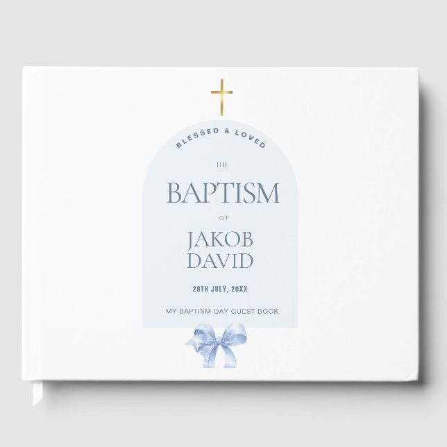 Boy's Modern Blue Bow Baptism Guest Book (Front)