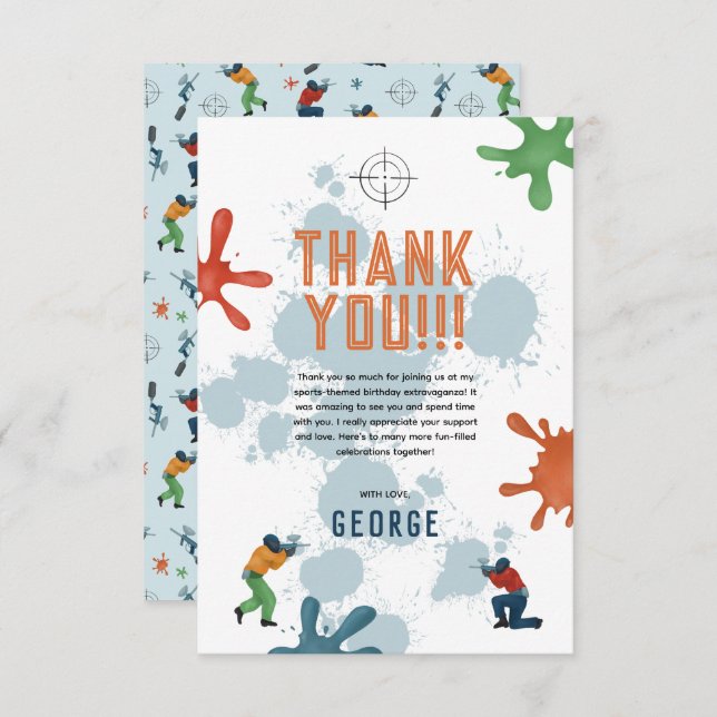 Boys Modern Blue Paintball Kids Birthday Thank You Card (Front/Back)
