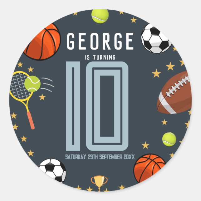 Boys Modern Blue Sports Kids Birthday Classic Round Sticker (Front)