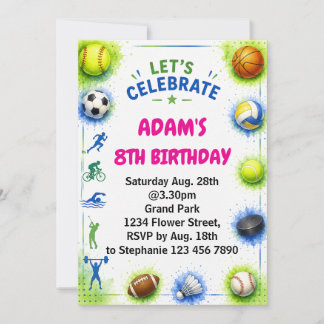Boys Modern Blue Sports Kids Birthday Invitation