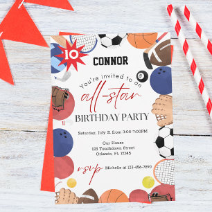 Boys Modern Fun Sports Kids Birthday Invitation