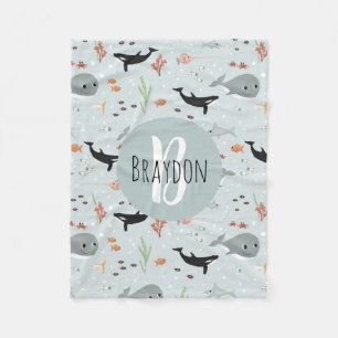 Boys Modern Ocean Whale Pattern Monogram Kids Fleece Blanket