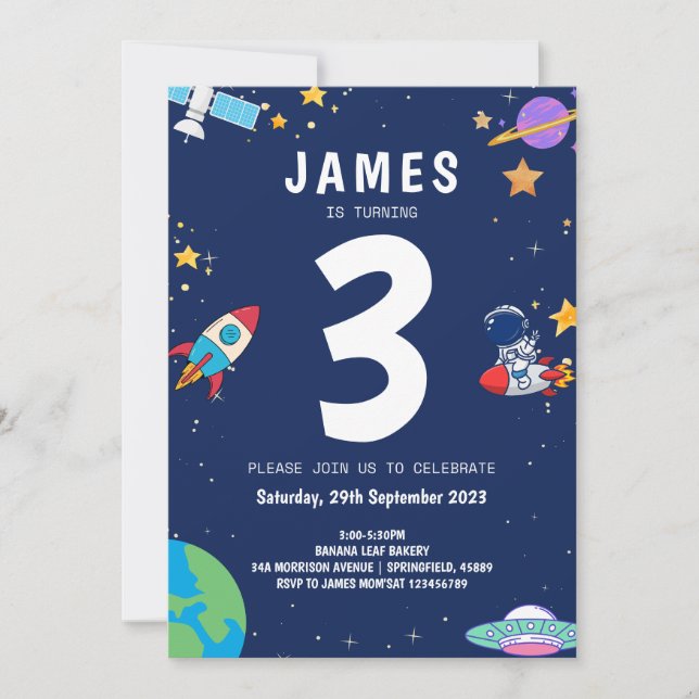Boys Modern Space Navy Kids Birthday Invitation (Front)