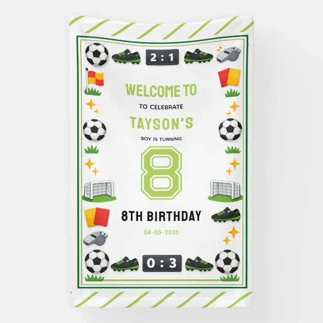 Boys Modern Sports Soccer Kids 8th Birthday Party Banner (Vertical)