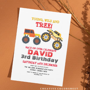  Boys Monster Car Trucks 3rd Birthday Party Invitation
